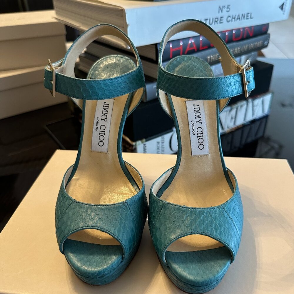 Jimmy Choo Linda Turqouise Python Platform Sandals Size 37